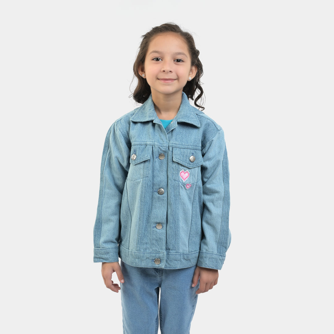 Girls Denim Jacket Hearts EMB-Ice Blue Price in Pakistan Bachaa