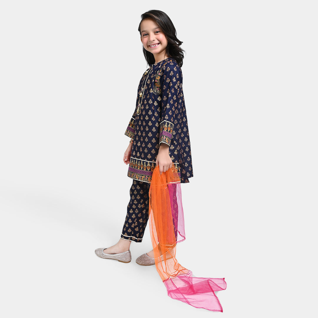 Girls Chiffon 3PC Suit Chaman-Navy Blue