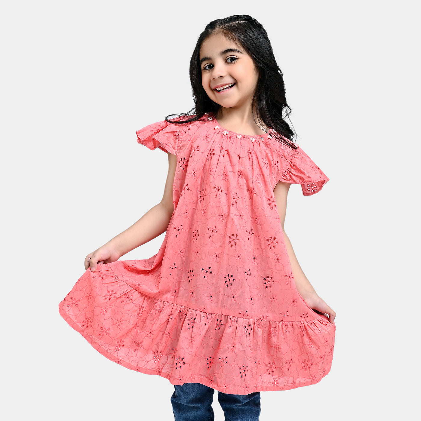 Girls Chiken Kari Casual Frock-Peach