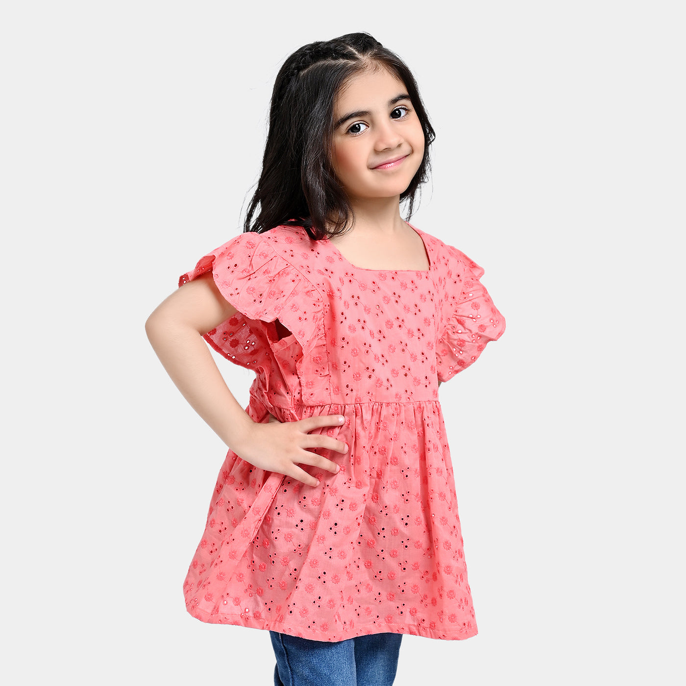 Girls Chiken Kari EMB Top-Peach