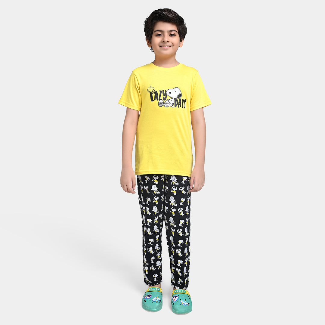 Boys Poly Cotton Jersey Knitted NightWear Lazy Days-Yellow