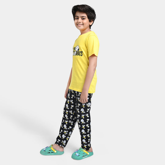 Boys Poly Cotton Jersey Knitted NightWear Lazy Days-Yellow