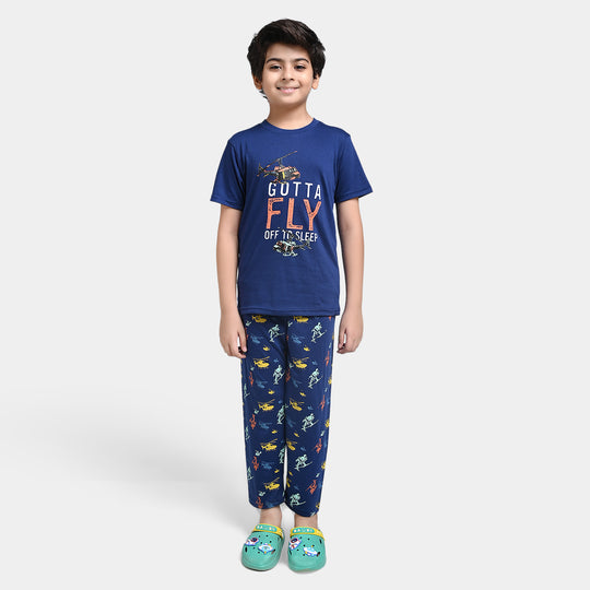 Boys Poly Cotton Jersey Knitted NightWear Gotta Fly-NAVY