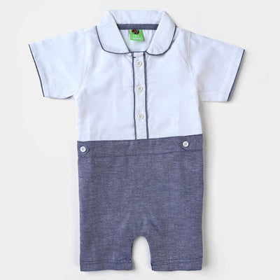Infant Boys Oxford Romper Contrast Texture - White/Grey