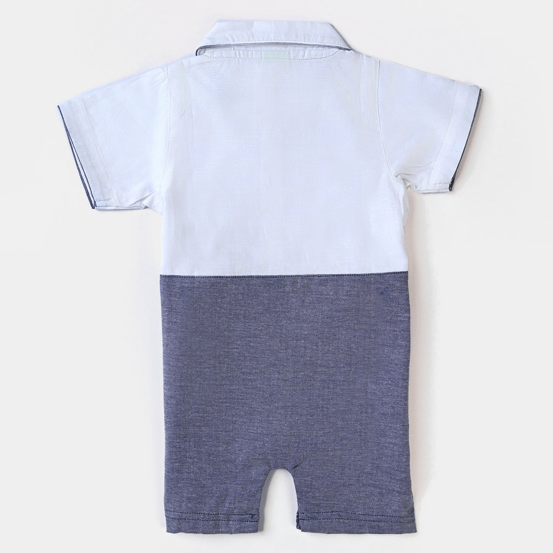 Infant Boys Oxford Romper Contrast Texture - White/Grey