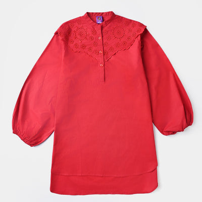 Girls Cotton EMB Top - Red