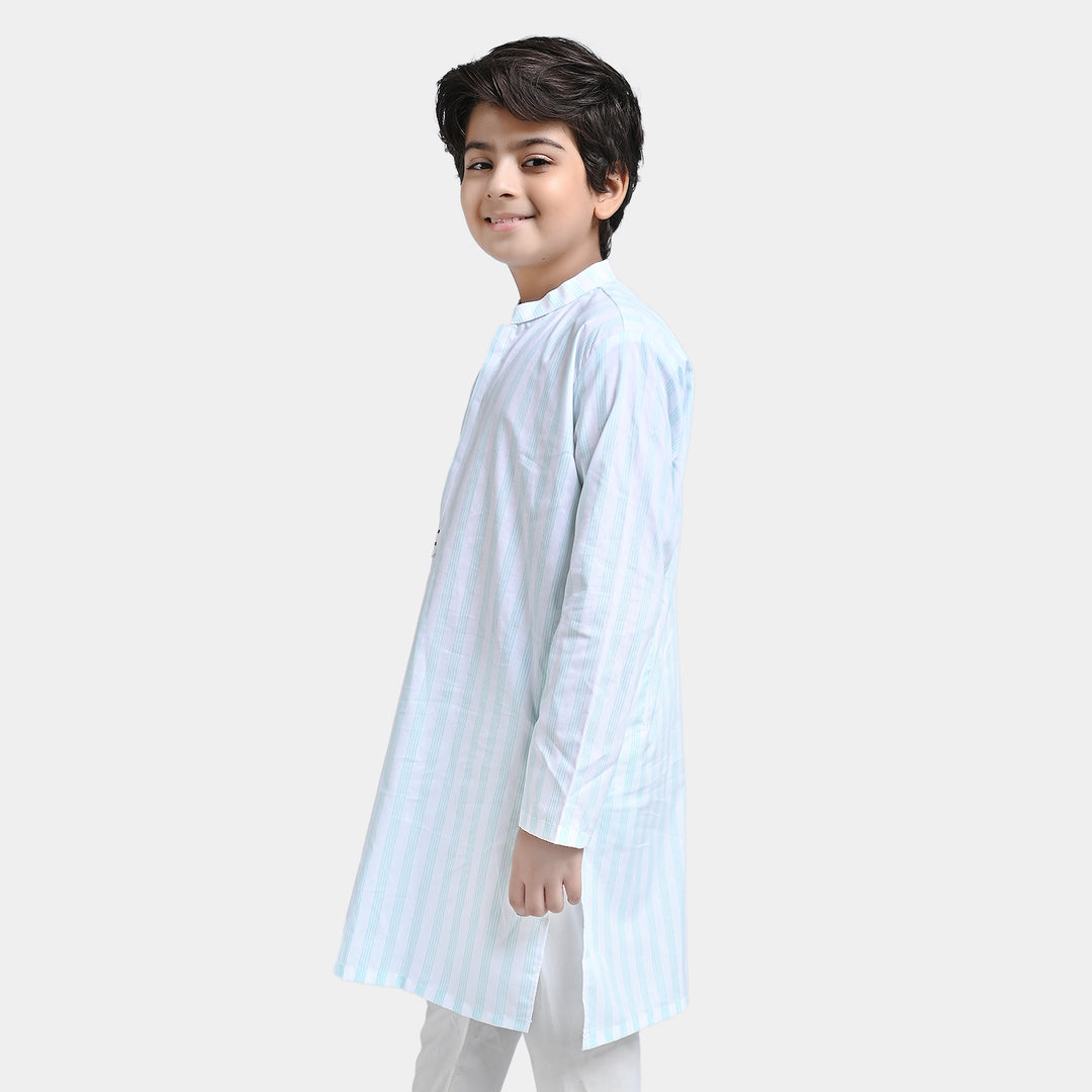 Boys Yarn Dyed Printed Kurta (Pointed Placket)-I/Blue