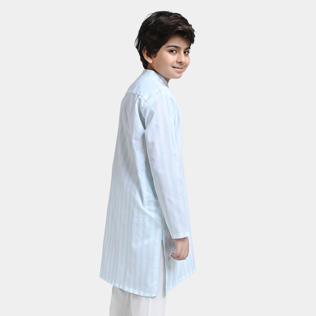 Boys Yarn Dyed Printed Kurta (Pointed Placket)-I/Blue