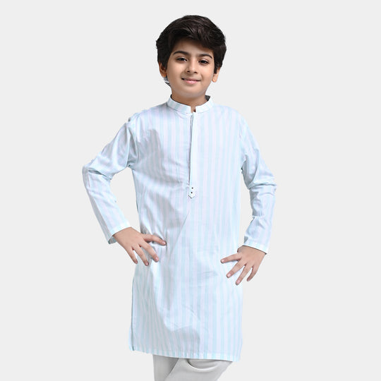 Boys Yarn Dyed Printed Kurta (Pointed Placket)-I/Blue