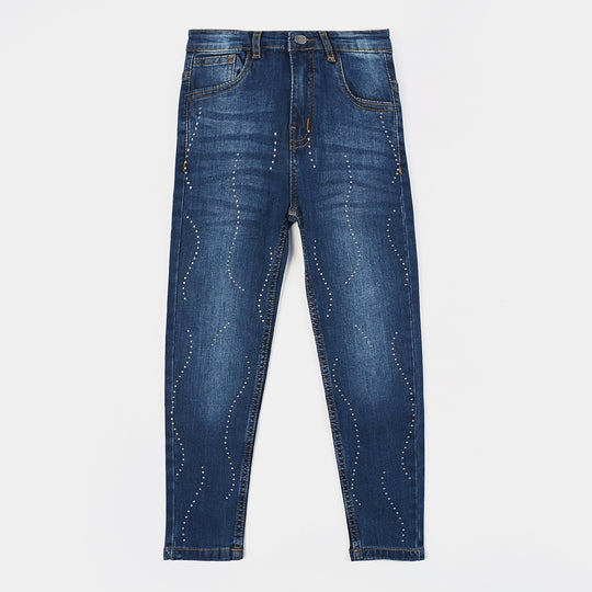 Girls Denim rigid Pant Diamantes-Mid Blue