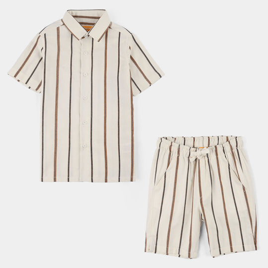 Boys Yarn Dyed Woven Suit (Striped) - Brown/Off-White