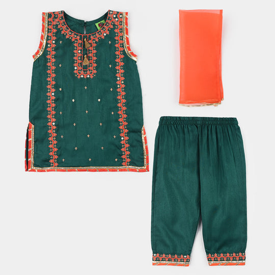 Infant Girls Raw Silk 3Pcs Naqsh-Teal blue