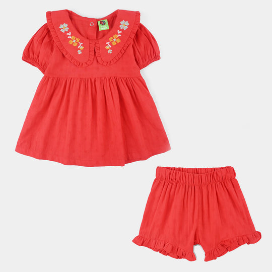 Infant Girls Cotton Jacquard 2-Piece Suit (Rose Glow) - Red