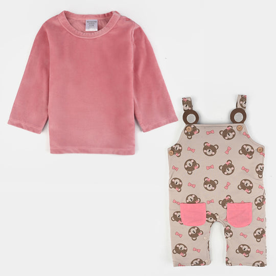 Infant Girls Cotton Interlock Suit-Pink/Beige