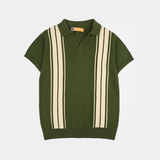 Boys Cotton Sweater Knit Polo (Crown) - Olive/Off White