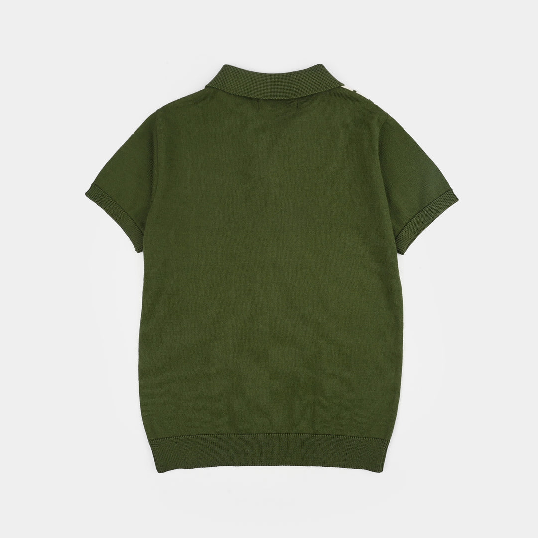 Boys Cotton Sweater Knit Polo (Crown) - Olive/Off White