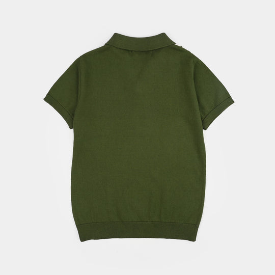 Boys Cotton Sweater Knit Polo (Crown) - Olive/Off White