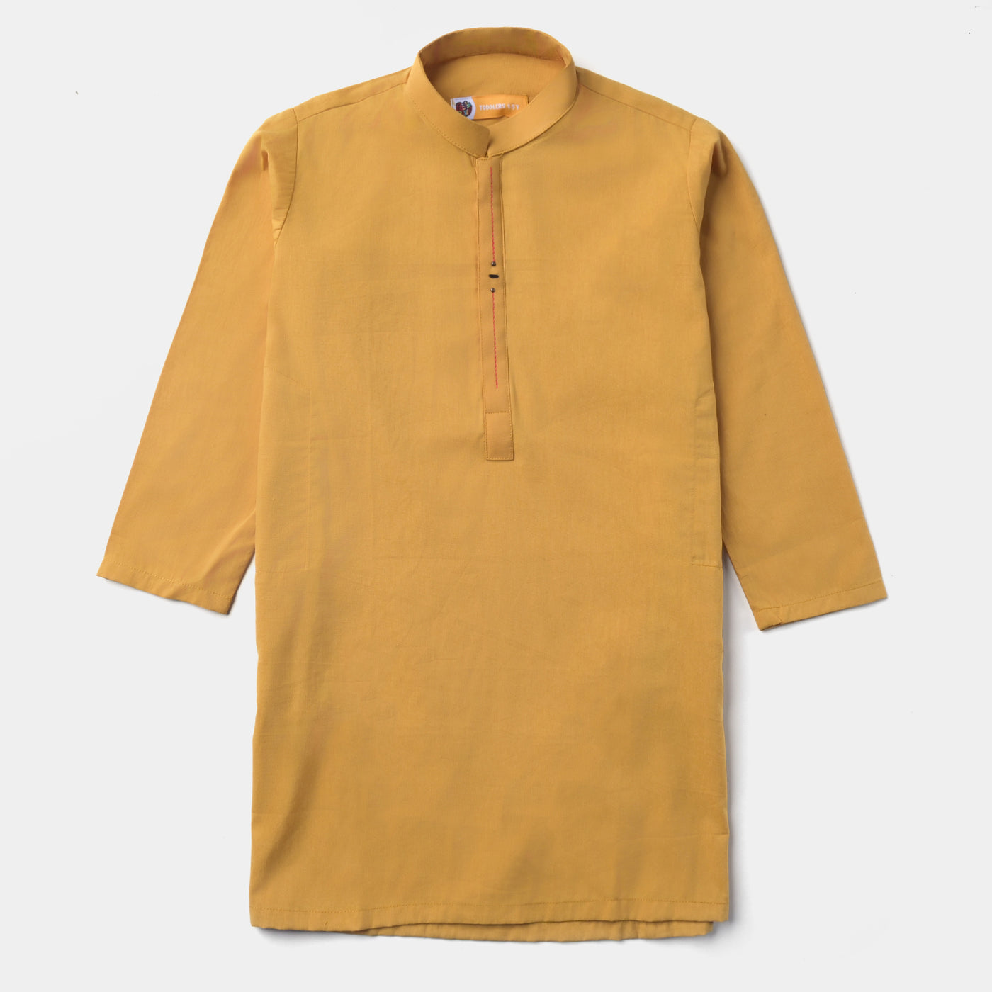 Boys Cotton Poplin Basic Kurta (Contrast Stitch)-Mustard