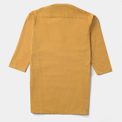 Boys Cotton Poplin Basic Kurta (Contrast Stitch)-Mustard