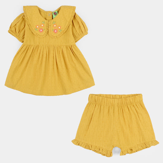 Infant Girls Cotton Jacquard 2 Pc Suit - Mustard