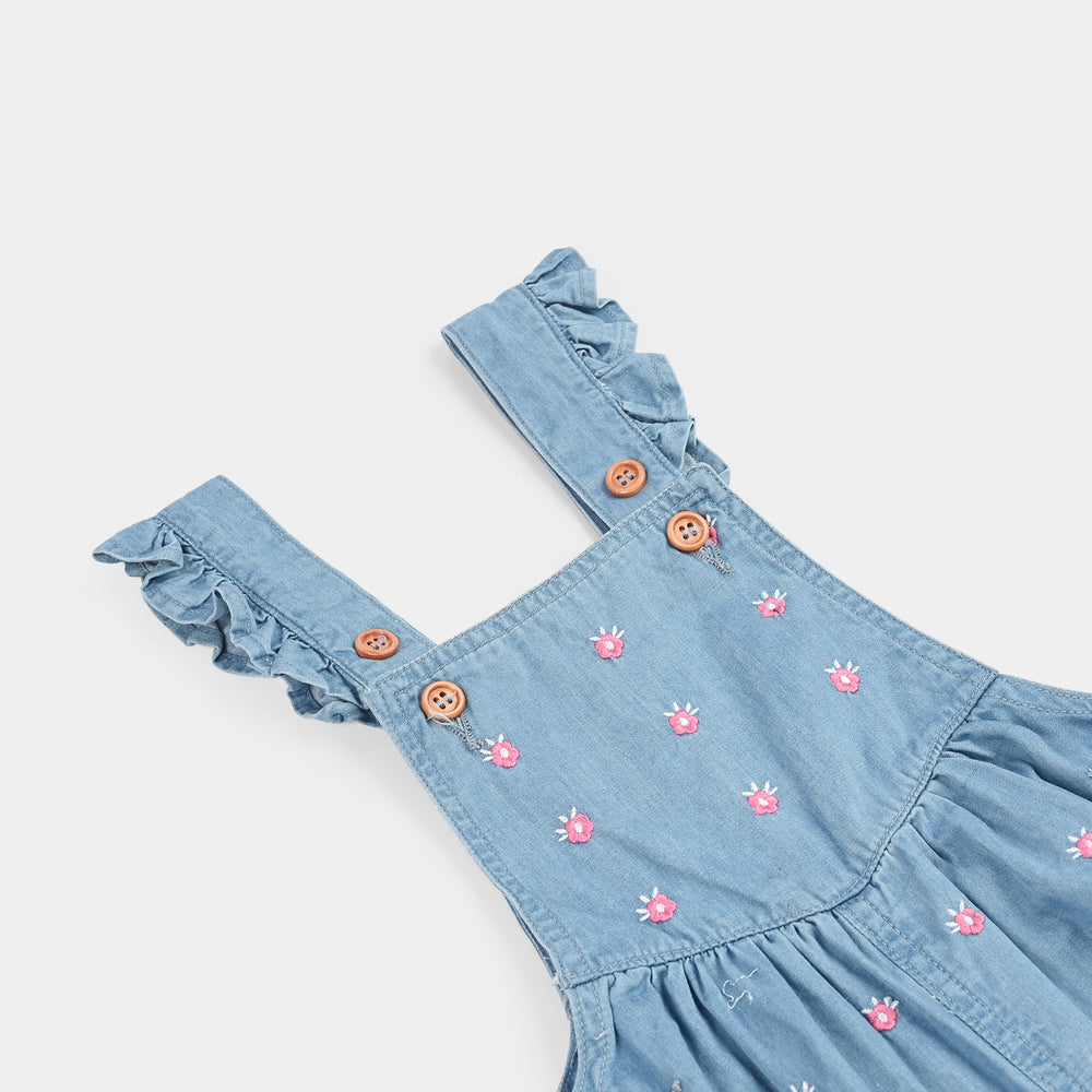 Infant Girls Denim Rigid Overall (Embroidery) - Mid Blue