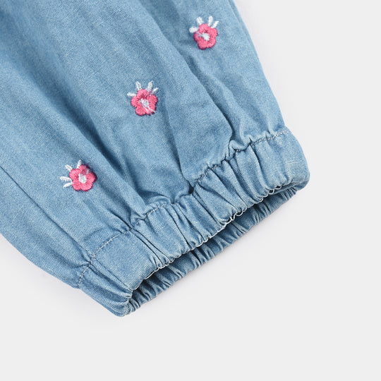 Infant Girls Denim Rigid Overall (Embroidery) - Mid Blue