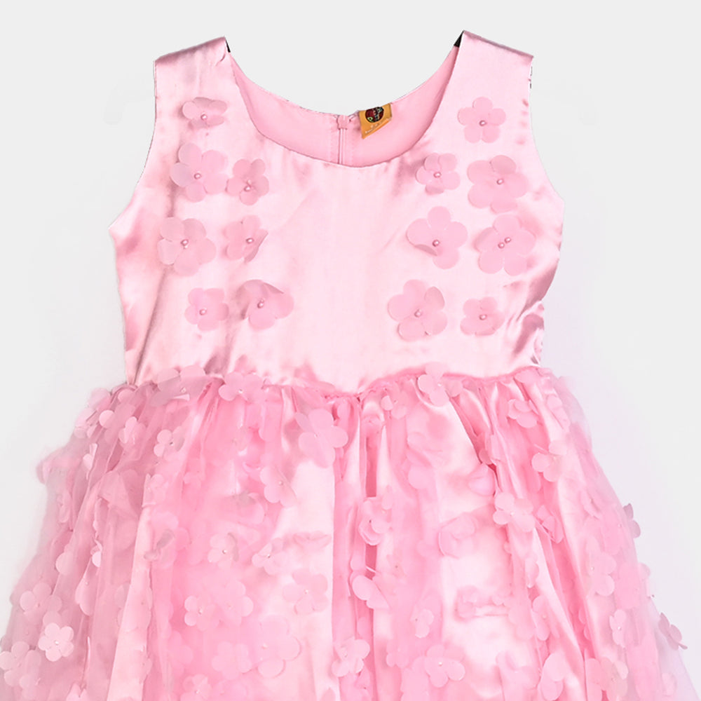 Girls Net Fancy Frock Fresh Flower-Pink