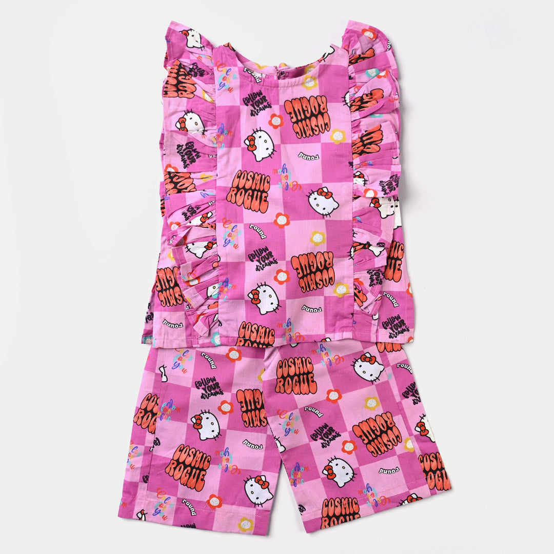 Infant Girls Cotton Poplin Co-ord Set Kitty Party-Pink