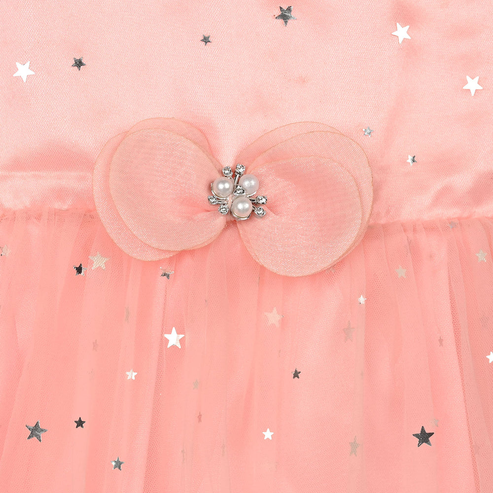 Infant Girls Net Fancy Frock (Stars) - Peach