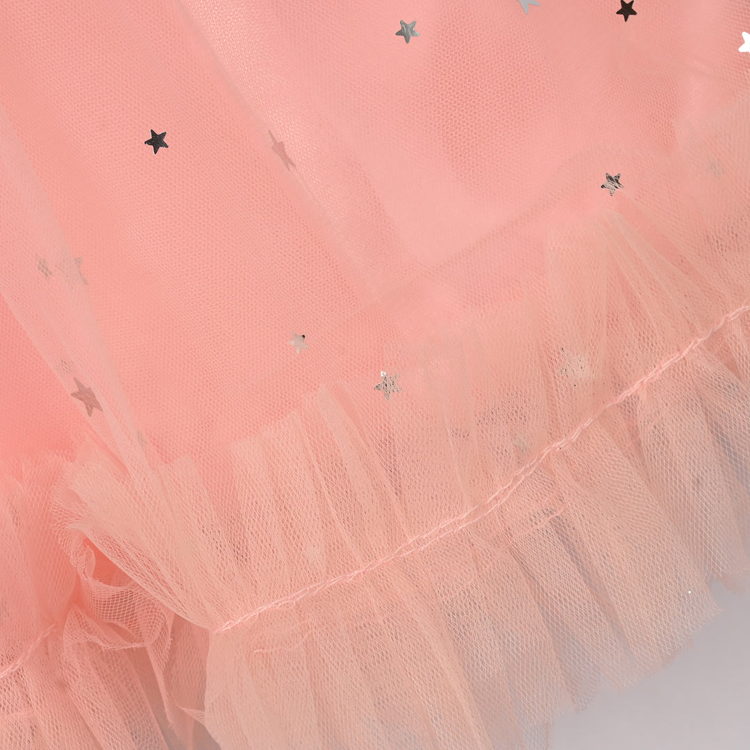 Infant Girls Net Fancy Frock (Stars) - Peach