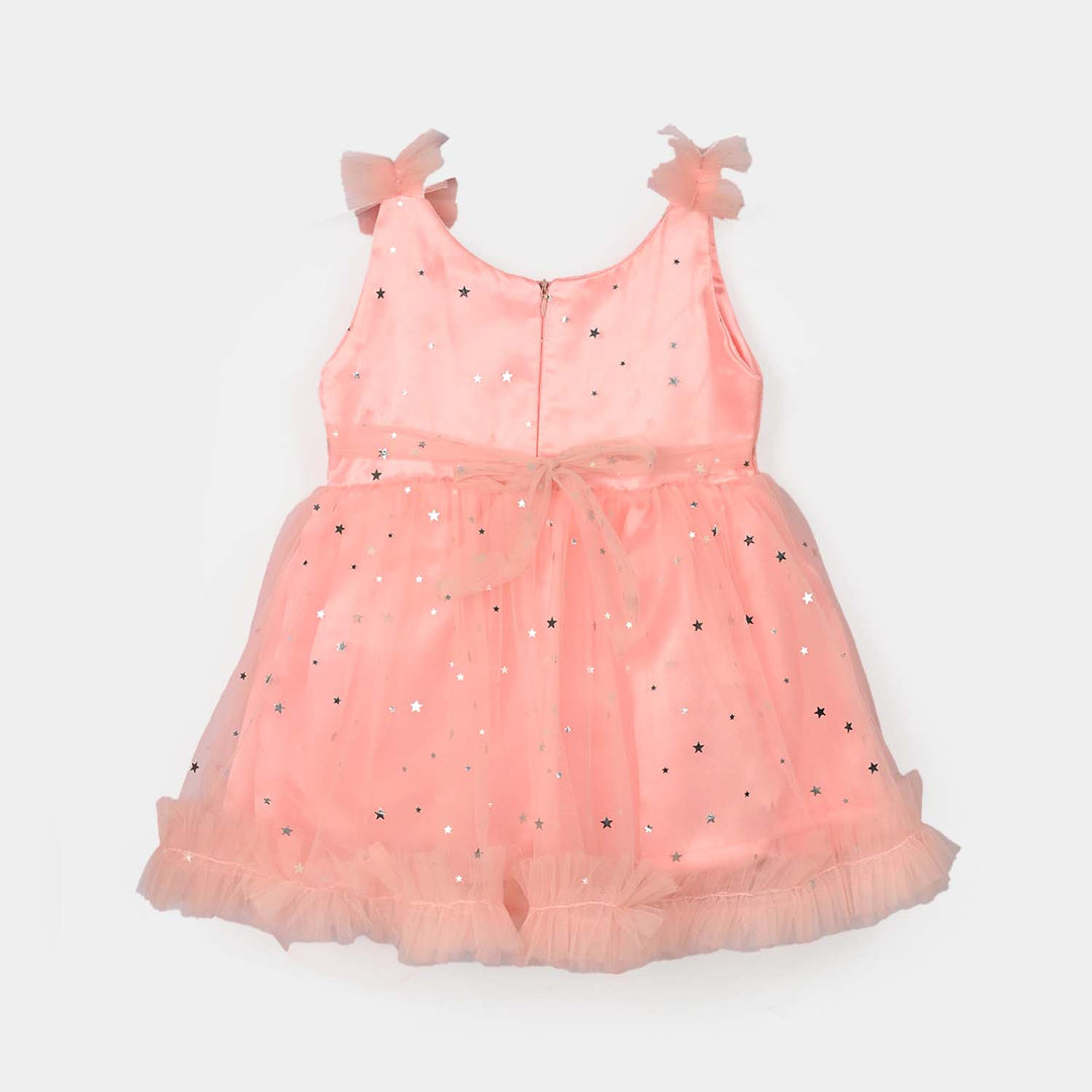 Infant Girls Net Fancy Frock (Stars) - Peach