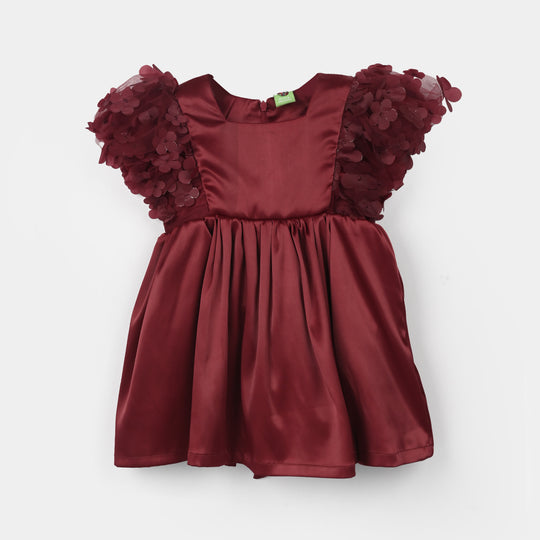 Infant Girls Poly Satin Fancy Frock (Flower) - Maroon