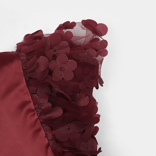 Infant Girls Poly Satin Fancy Frock (Flower) - Maroon