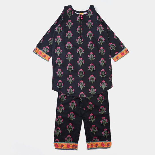 Girls Cotton Poplin Printed 2PCs Suit Boti-BLACK