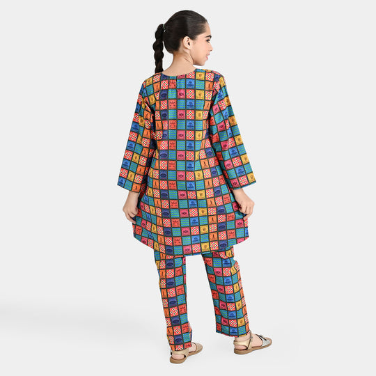 Girls Cotton Poplin IND 2Pcs Suit Funky Tickets-Multi
