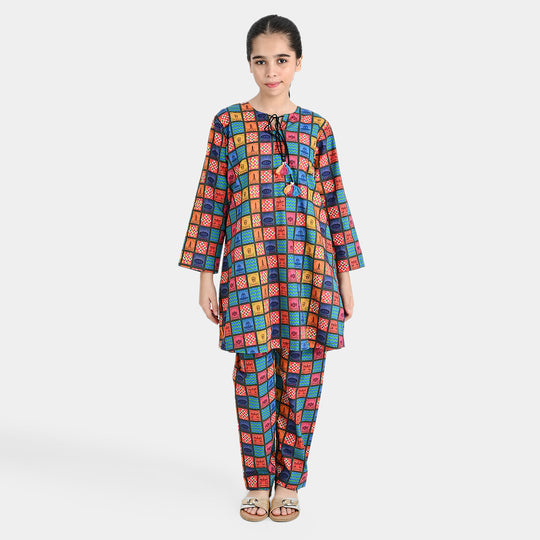Girls Cotton Poplin IND 2Pcs Suit Funky Tickets-Multi