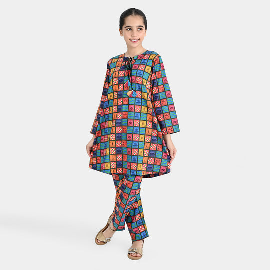 Girls Cotton Poplin IND 2Pcs Suit Funky Tickets-Multi