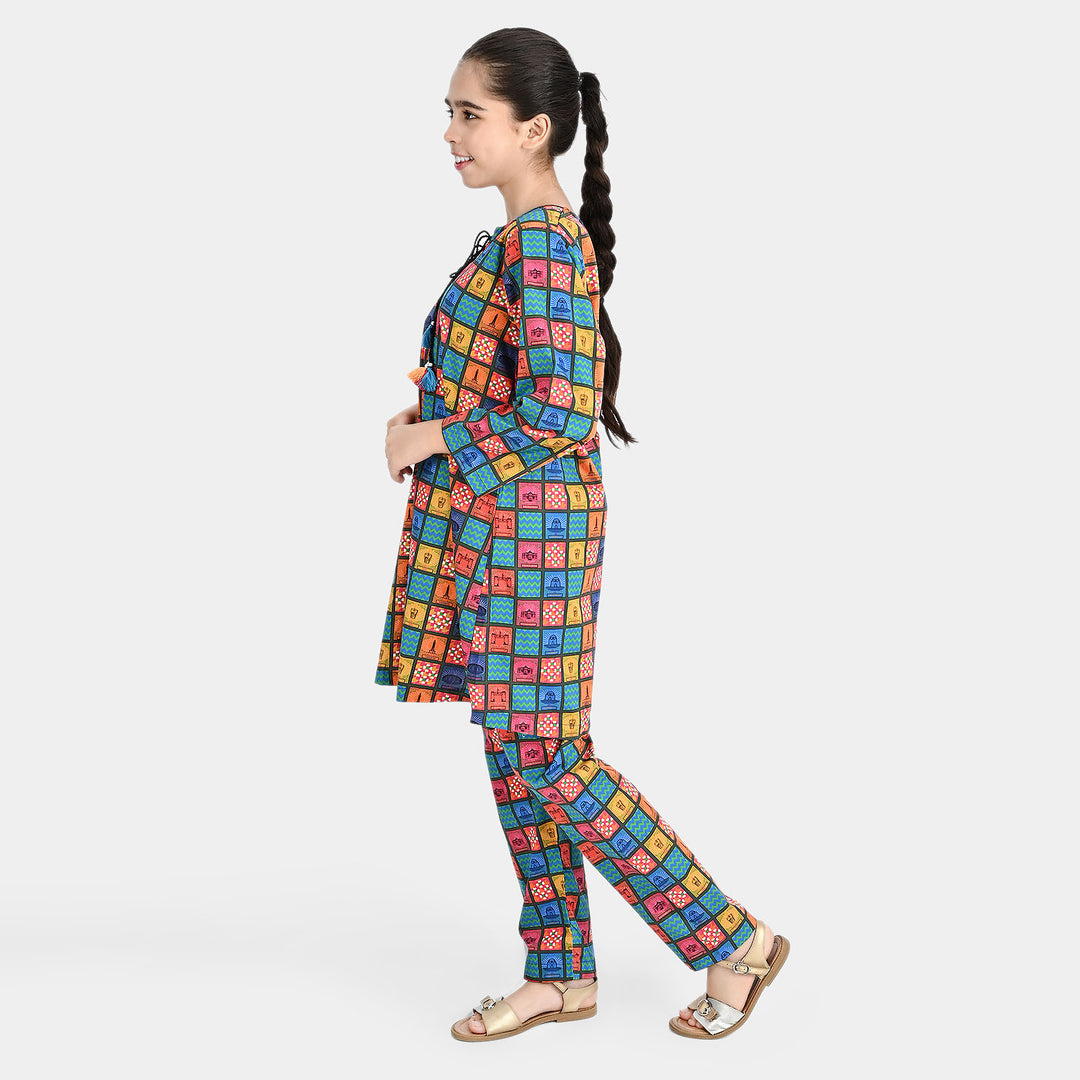 Girls Cotton Poplin IND 2Pcs Suit Funky Tickets-Multi