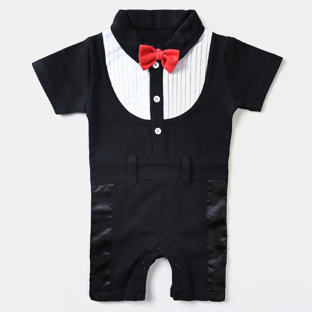 Infant Boys Cotton Interlock Knitted Romper Tuxedo-Jet Black