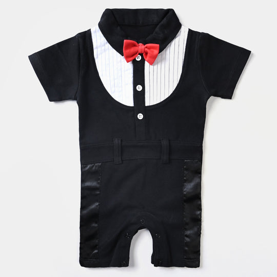 Infant Boys Cotton Interlock Knitted Romper Tuxedo-Jet Black