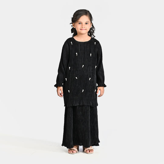 Girls Poly Cotton Co-ord set Crinkle-BLACK