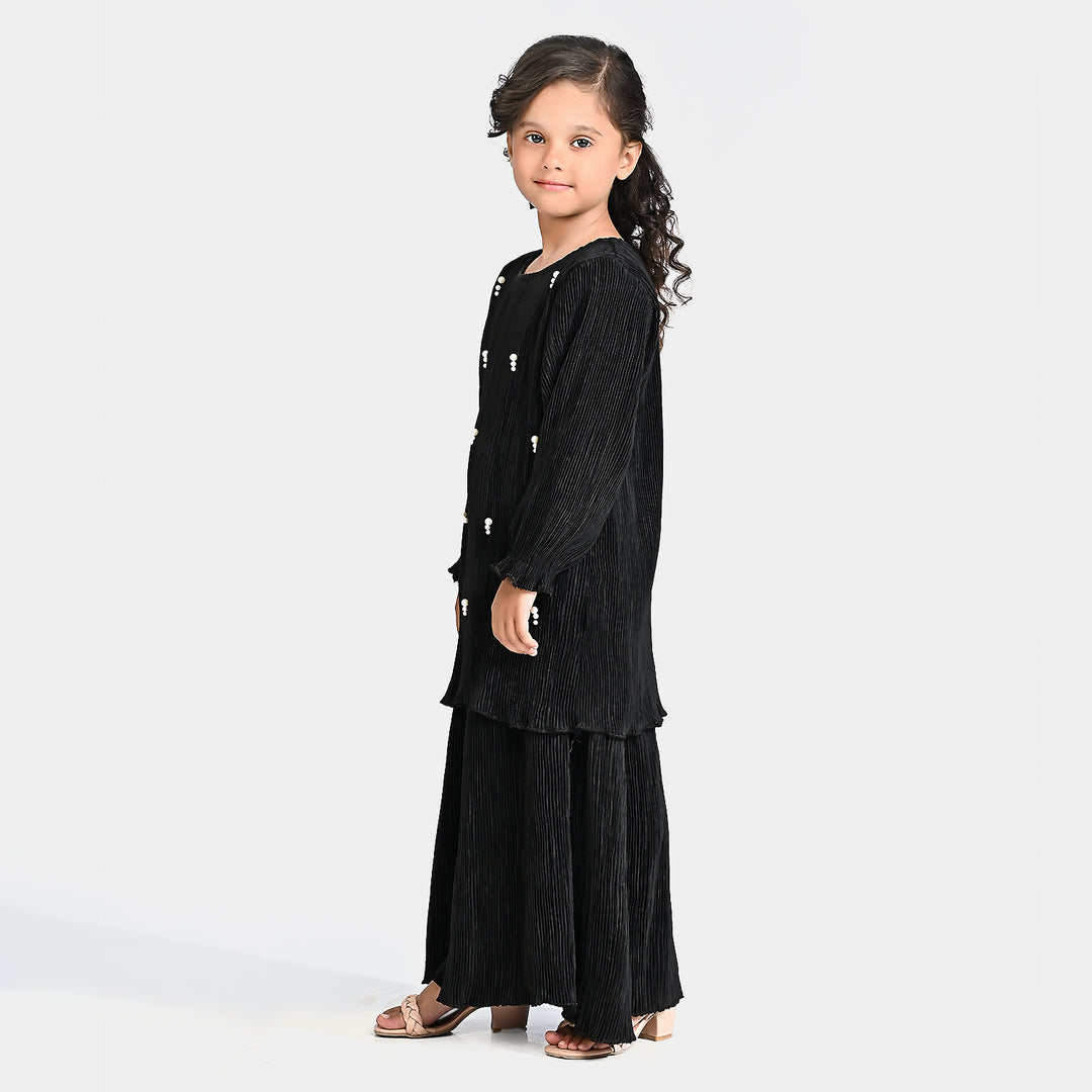 Girls Poly Cotton Co-ord set Crinkle-BLACK