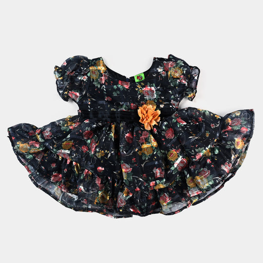 Infant Girls Organza Fancy Frock Printed Flower-Blue