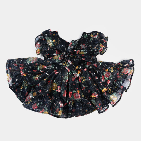 Infant Girls Organza Fancy Frock Printed Flower-Blue