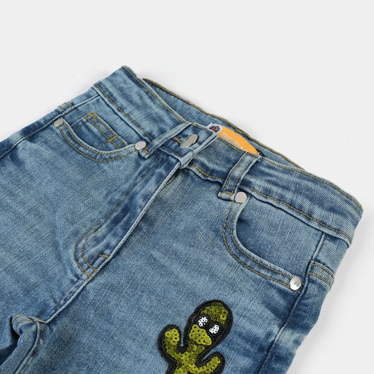Girls Denim Pant Cute Cactus-LIGHT BLUE