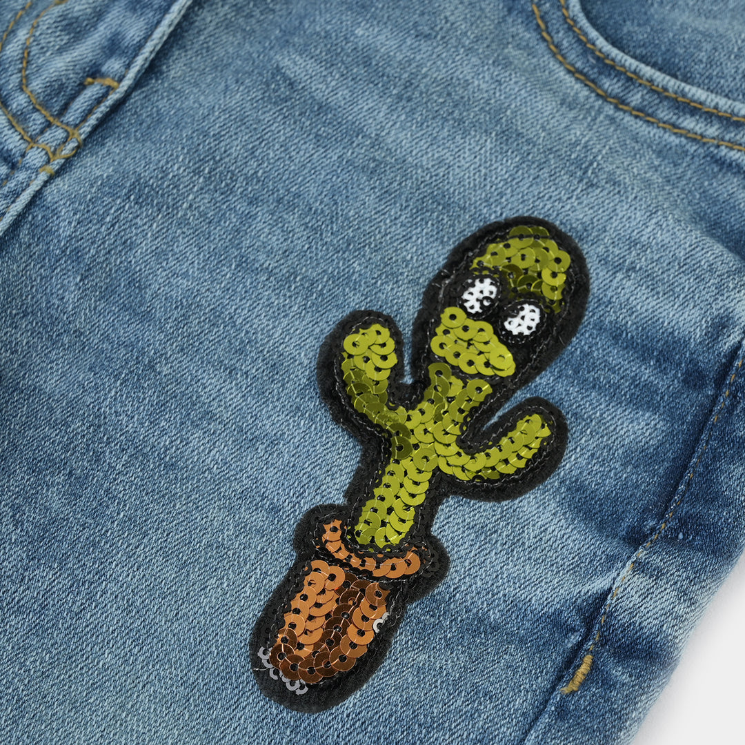 Girls Denim Pant Cute Cactus-LIGHT BLUE