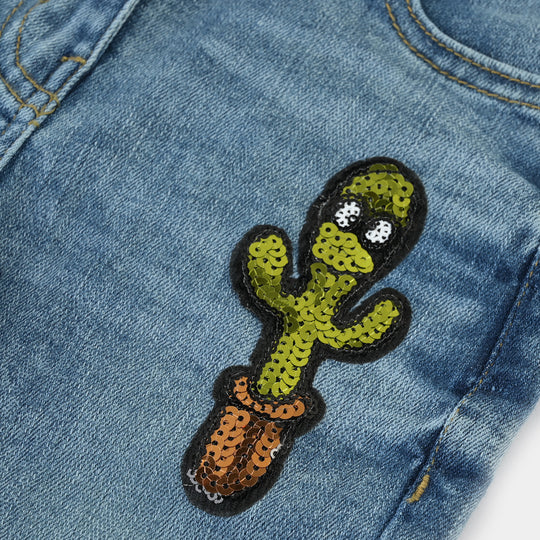 Girls Denim Pant Cute Cactus-LIGHT BLUE