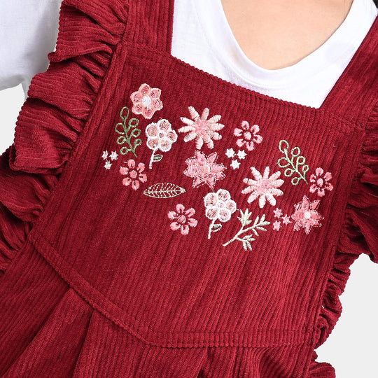 Girls Corduroy Dangri Embroidered Floral Yoke-Burgendy