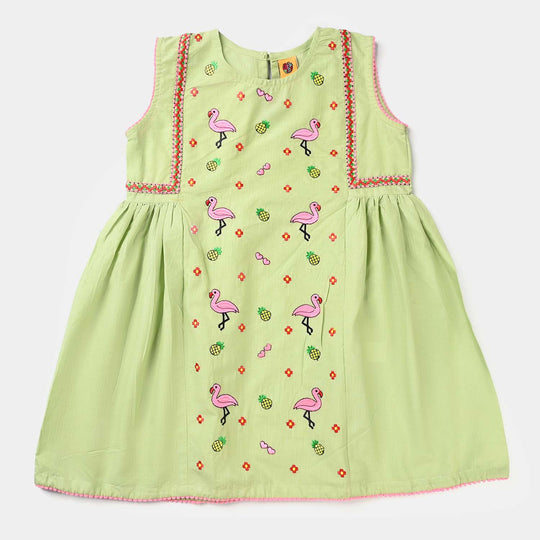 Girls Dobby EMB Kurti Little Flamingos -Grape Green