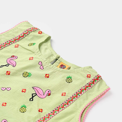 Girls Dobby EMB Kurti Little Flamingos -Grape Green
